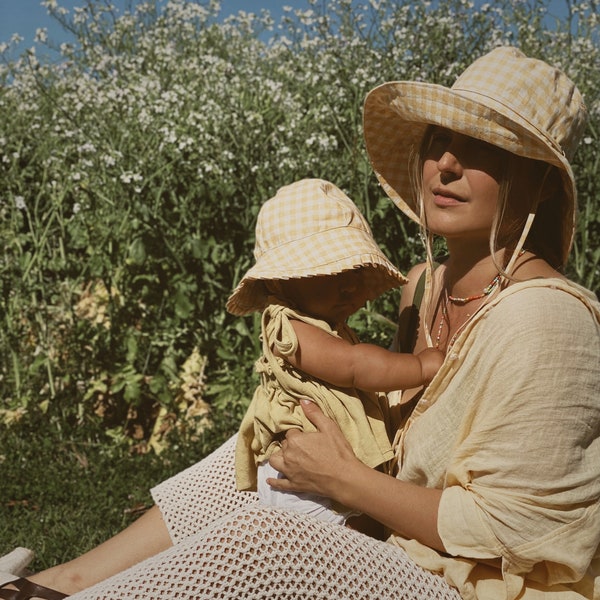 Matching Sun hat Yellow Gingham Cotton Mum and Mini Matching Sun Hat Bundle  - Joyful Sun