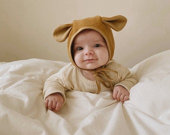 Little Brown Bear Baby Fleece Bonnet, Bear Bonnets, Fleece Bonnets, Baby Unisex Bonnets, Linen Bear Bonnets