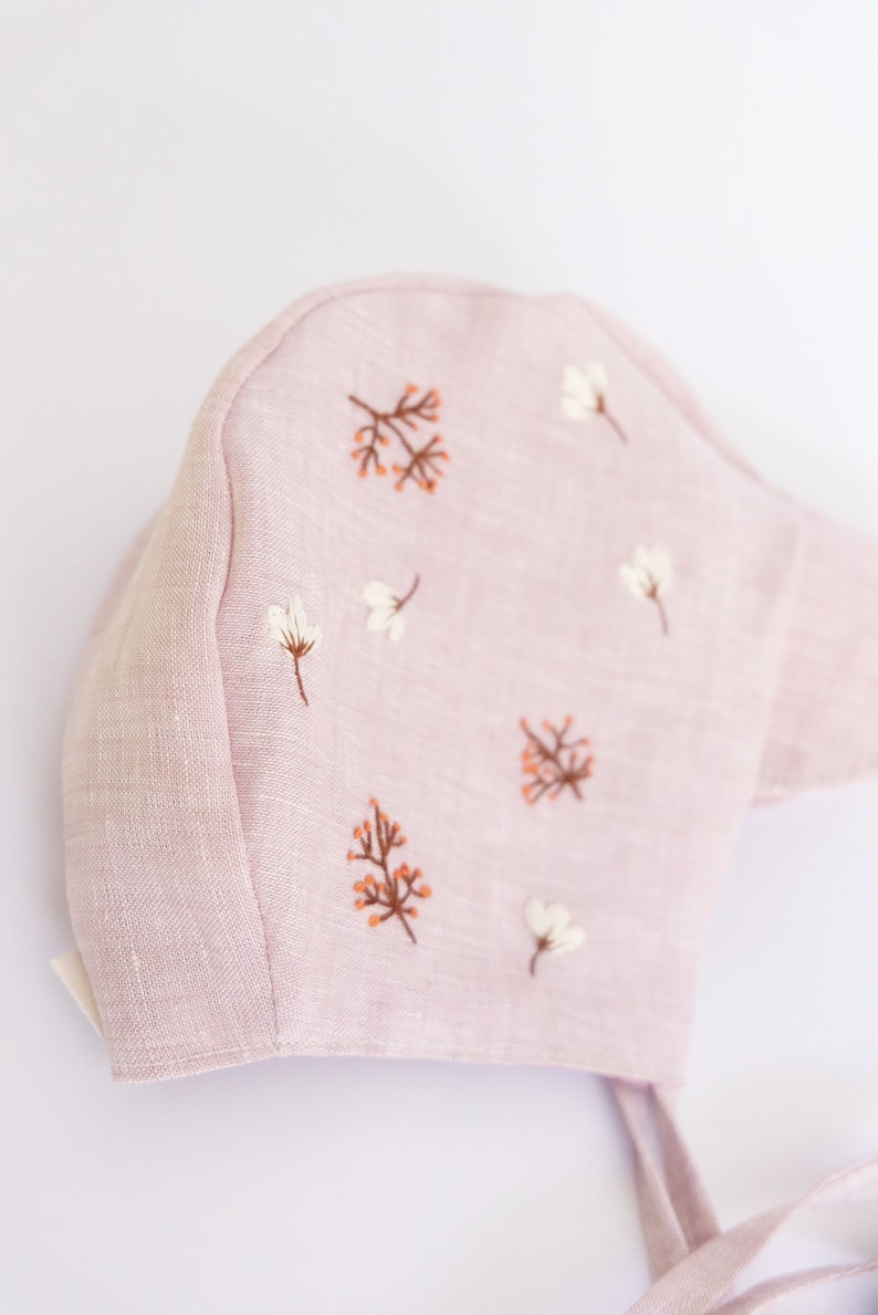 Hand Embroidery Floral Pink Baby Bonnet Linen Baby Bonnet Pink Linen Baby Bonnet Girls Bonnet Sunbonnet Linen Sunbonnet image 6