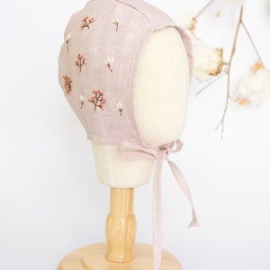 Hand Embroidery Floral Pink Baby Bonnet Linen Baby Bonnet Pink Linen Baby Bonnet Girls Bonnet Sunbonnet Linen Sunbonnet image 2