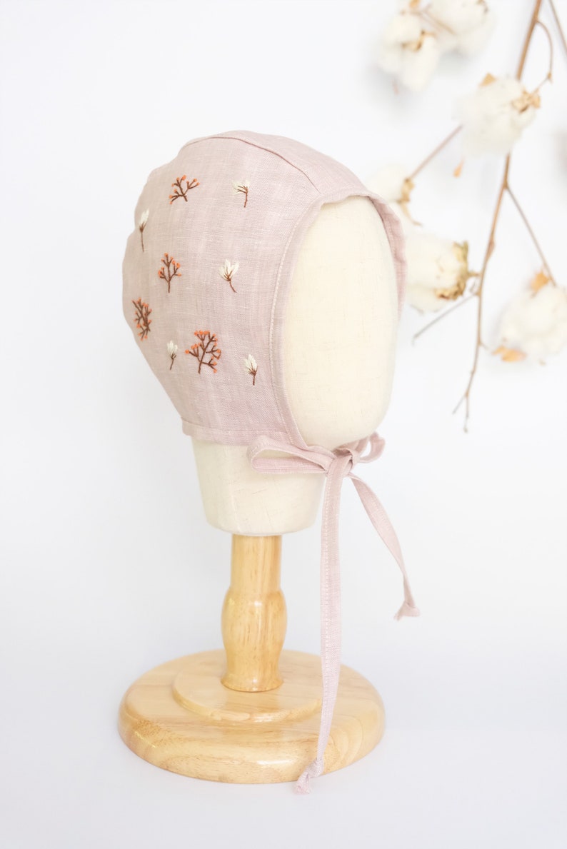 Hand Embroidery Floral Pink Baby Bonnet Linen Baby Bonnet Pink Linen Baby Bonnet Girls Bonnet Sunbonnet Linen Sunbonnet image 2