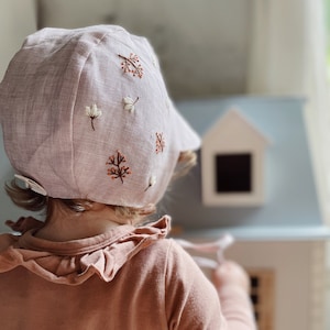 Hand Embroidery Floral Pink Baby Bonnet Linen Baby Bonnet Pink Linen Baby Bonnet Girls Bonnet Sunbonnet Linen Sunbonnet image 10