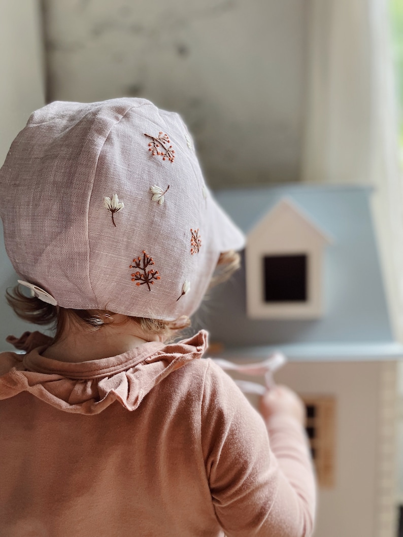 Hand Embroidery Floral Pink Baby Bonnet Linen Baby Bonnet Pink Linen Baby Bonnet Girls Bonnet Sunbonnet Linen Sunbonnet image 10