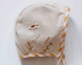 Hand Embroidery Baby Bonnet Linen Baby embroidery Bonnet Yellow Gingham Bonnet Girls baby Bonnet baby Shower Gift Idea