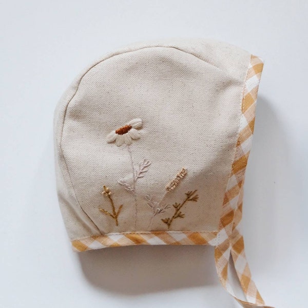 Hand Embroidery Baby Bonnet Linen Baby embroidery Bonnet Yellow Gingham Bonnet Girls baby Bonnet baby Shower Gift Idea