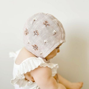 Hand Embroidery Floral Pink Baby Bonnet Linen Baby Bonnet Pink Linen Baby Bonnet Girls Bonnet  Sunbonnet Linen Sunbonnet