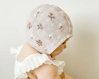 Hand Embroidery Floral Pink Baby Bonnet Linen Baby Bonnet Pink Linen Baby Bonnet Girls Bonnet  Sunbonnet Linen Sunbonnet