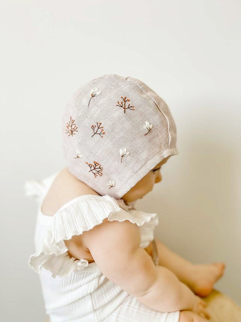 Hand Embroidery Floral Pink Baby Bonnet Linen Baby Bonnet Pink Linen Baby Bonnet Girls Bonnet Sunbonnet Linen Sunbonnet image 1