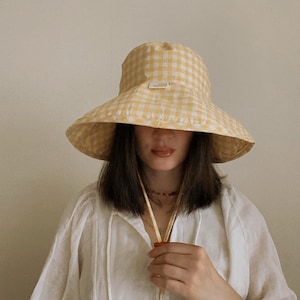 Yellow Gingham Wide Brim Sun Hat: Handcrafted Cotton Summer Hat