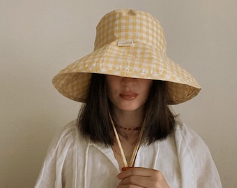 Woman Yellow Gingham Hat Wide Brim Sun Hat Summer Cotton Yellow Gingham Sun Hat - Joyful Sun