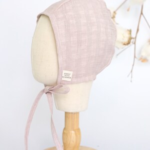Hand Embroidery Floral Pink Baby Bonnet Linen Baby Bonnet Pink Linen Baby Bonnet Girls Bonnet Sunbonnet Linen Sunbonnet image 4
