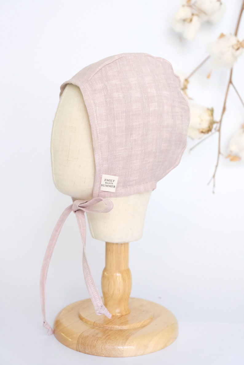 Hand Embroidery Floral Pink Baby Bonnet Linen Baby Bonnet Pink Linen Baby Bonnet Girls Bonnet Sunbonnet Linen Sunbonnet image 4