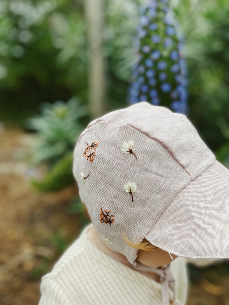 Hand Embroidery Floral Pink Baby Bonnet Linen Baby Bonnet Pink Linen Baby Bonnet Girls Bonnet Sunbonnet Linen Sunbonnet image 9