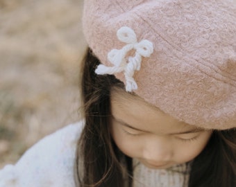 Kids Pink Wool Blend Beret, Kids Handmade Berets, Beret with Bows