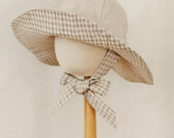 Kids Linen Sun Hat: Baby, Toddler,Kids Gingham Wide Brim