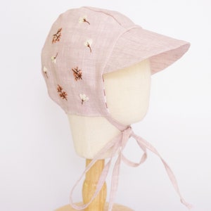 Hand Embroidery Floral Pink Baby Bonnet Linen Baby Bonnet Pink Linen Baby Bonnet Girls Bonnet Sunbonnet Linen Sunbonnet image 7