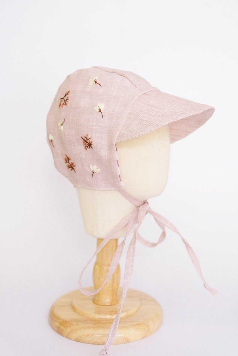 Hand Embroidery Floral Pink Baby Bonnet Linen Baby Bonnet Pink Linen Baby Bonnet Girls Bonnet Sunbonnet Linen Sunbonnet image 7