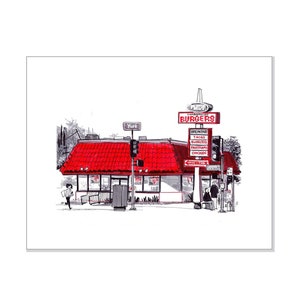 Los Angeles Art Print - Troy Burgers |  Highland Park Kunst aan de muur | Mid-century Cartooning Style | Stadsgezicht | Woondecoratie