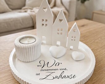 Round decorative tray, autumn Scandinavian style, maritime Christmas design, personalized with light houses, heart-shaped tealight holder, housewarming gift