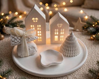 Christmas Light House Decoration Set - with tray, vase and tealight holder - Raysin white - Christmas decoration - gift idea