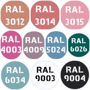May include: A collection of 10 color swatches with RAL color codes. The swatches are arranged in three rows of three, with one swatch in the bottom row. The colors include: RAL 3012, RAL 3014, RAL 3015, RAL 4003, RAL 4009, RAL 5024, RAL 6026, RAL 6034, RAL 9003, and RAL 9004.