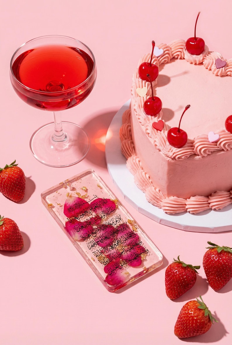 May include: A pink heart-shaped cake decorated with cherries and a glass of red liquid. A clear phone case with pink flower petals and gold flakes is next to strawberries on a pink surface.