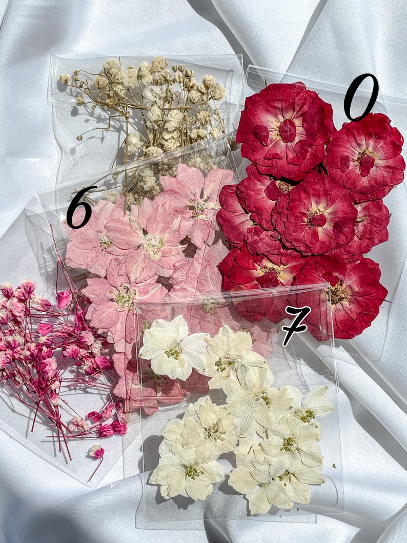 May include: Four bags of dried flowers, labeled 6, 7, 0, and a fourth bag without a label. The bags contain white, pink, and red flowers.