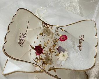 Koranstandaard, gepersonaliseerde Koranhouder van hars met echte bloemen, islamitisch cadeau-idee, Bayram, Eid, Hajj-cadeau