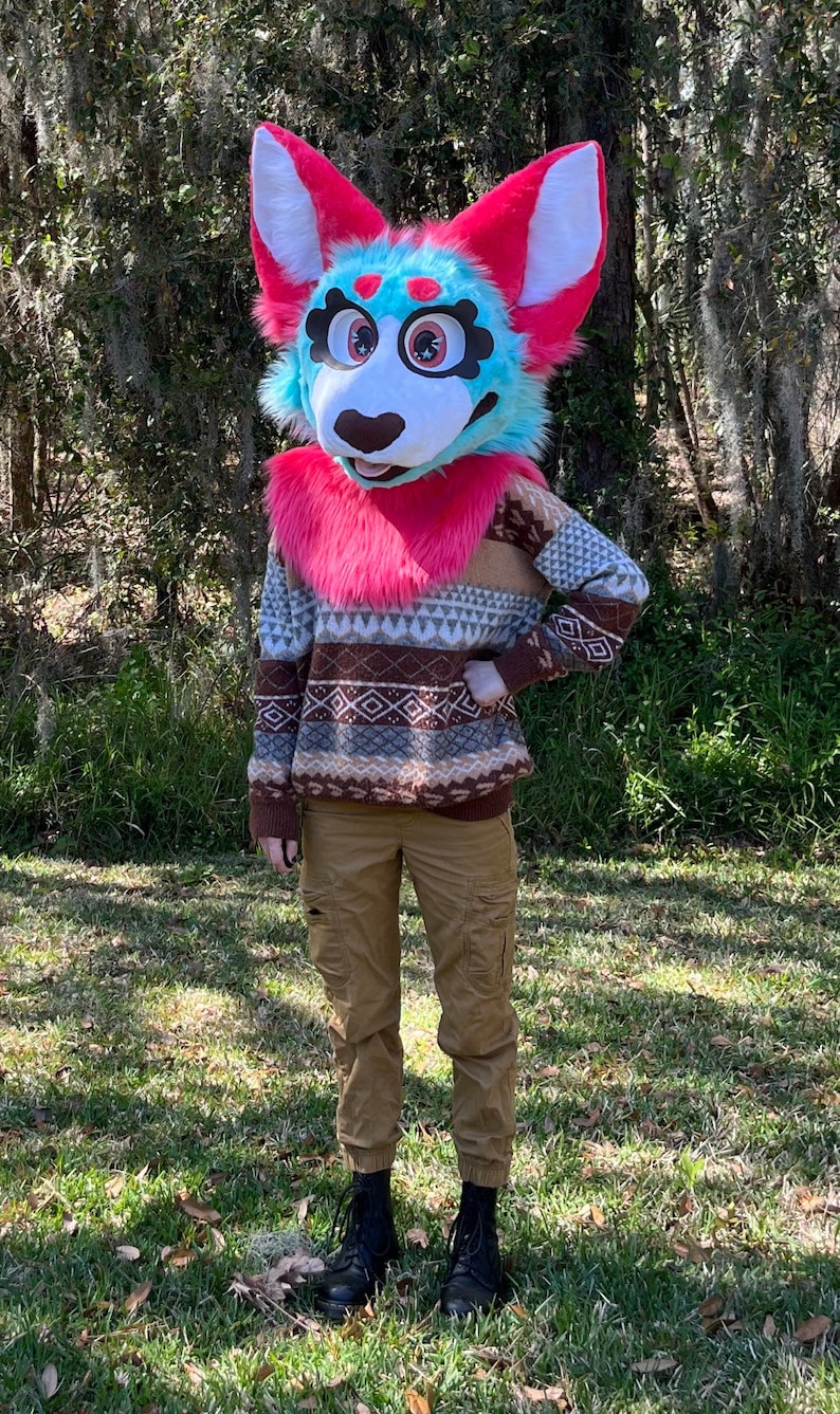 May include: A furry blue and pink animal head with a white face and black nose. The head is wearing a pink fur collar and a brown, white, and grey patterned sweater. The animal is standing in a grassy area.