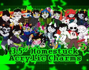 May include: A green background with a grid pattern and neon green stars. The image features a collection of cartoon characters with various skin tones, horns, and outfits. Text reads "3.5" Homestuck Acrylic Charms."