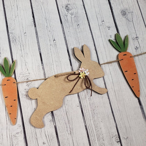 Wood Easter Bunny Garland, Hand Painted, Spring Banner, Handmade, Bunnies and Carrots, Baby Room Decor