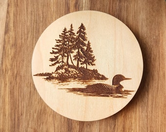 Wood Coaster Set, Loon on Lake, Wedding Gift, House Warming, Anniversary, Mother's Day Gifts, Boho Decor, Rustic, Nature