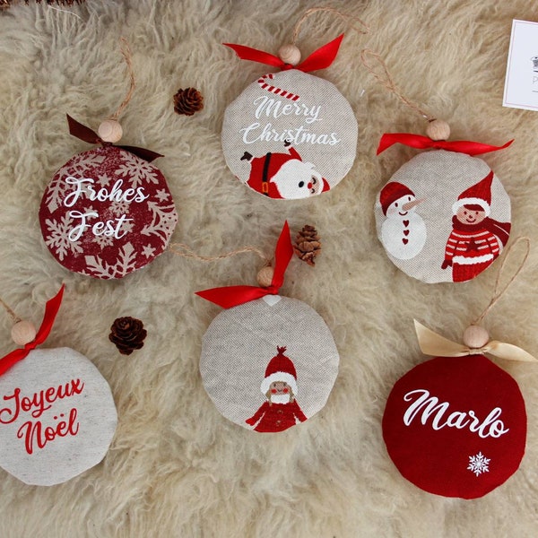 Décoration sapin de Noël personnalisable - déco de Noël en tissu - ornements écologiques - boules de Noël avec prénom ou inscription