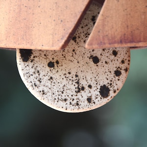 May include: Close-up of a ceramic object with a speckled, off-white surface and dark brown spots. The object is partially obscured by a section of a brown, angular structure. The background is a blurred green and dark gray.
