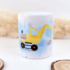Personalisierte Spardose Bagger, Spardose Baustelle, baby gift, Spardose Keramik, Geschenke Kinder, Babygeschenk Junge, Geschenke Bagger