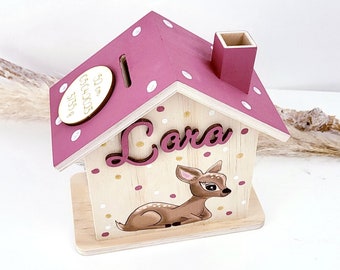 Deer piggy bank, personalized piggy bank, girl's piggy bank, wooden piggy bank, gift for girls, baby gift, woodland animal piggy bank