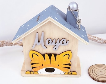 Spardose mit niedlichem Tiger aus Holz, Geschenk zur Geburt, personalisierte Geschenk für Kinder
