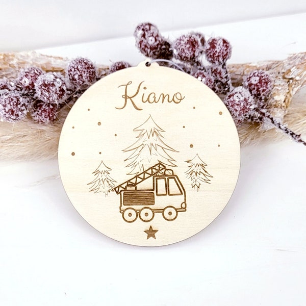 Personalized wooden pendant with a great fire engine as a Christmas gift for children, sustainable tree decoration for children