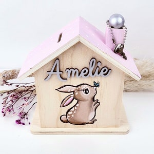 Money box with cute rabbit and butterfly made of wood for children, money box for girls, money box for children, money box for rabbits, gift with birth dates