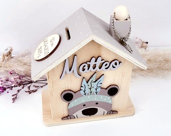 Personalized wooden bear money box for children as a gift for birth, personalized christening gift with name, Christmas with baby