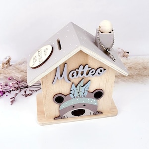 Boho bear money box on request with name + birth dates, child money box, children's money box, bear money box, boho money box, gift with name, money box