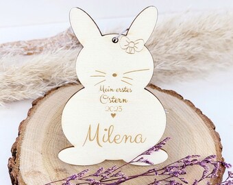 Holz Osterhase Anhänger mit Name & 2027 | "Mein erstes Ostern" Baby Mädchen Schleife | Osternest Geschenkanhänger