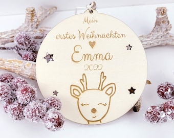 Mein erstes Weihnachten 2023 -Rentier- Holzanhänger mit Name/ Weihnachtskugel Holz mit Name/ Weihnachten mit Baby/ Weihnachten 2023