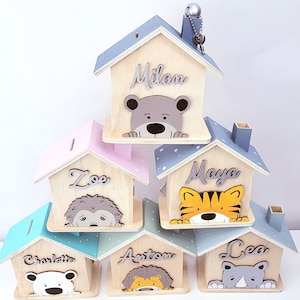 Personalized money box to choose from, lion money box, bear money box, polar bear money box, rhino money box, tiger money box, hedgehog money box made of wood