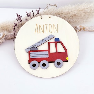 Personalized wooden fire truck door sign for children's room | Wooden nameplate for children, wall decoration | 1st birthday gift | Firefighter