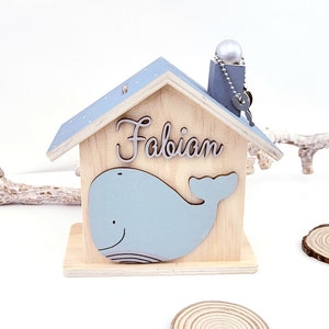 Personalized wooden whale money box for children | Christening gift, baby shower gift for boys and girls | Money box with lock and key | Wooden decoration