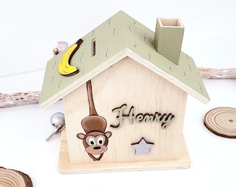 Personalisierbare Spardose -Affe- Spardose Holz/ Spardose Kind/ Spardose Affe/ Holzspardose/ Babygeschenk mit Name/ Spardose mit Name/Affe