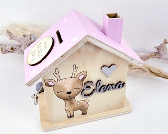 Personalisierte Spardose Hirsch aus Holz in rosa, Spardose Reh, Spardose Mädchen, Geschenk Mädchen, Geschenk mit Name, Babygeschenk Mädchen