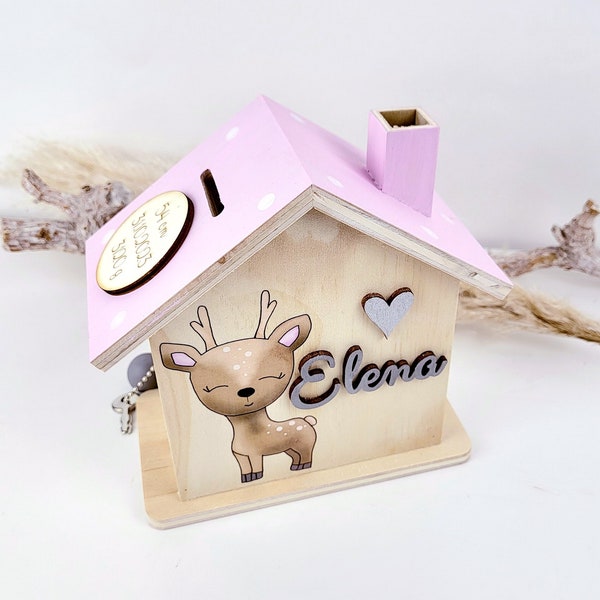 Personalisierte Spardose Hirsch aus Holz in rosa, Spardose Reh, Spardose Mädchen, Geschenk Mädchen, Geschenk mit Name, Babygeschenk Mädchen