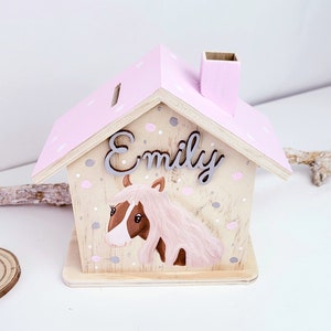 Personalisierte Spardose, Spardose Pferd, Geschenk Mädchen, Spardose Mädchen, Geburtsgeschenk, Taufgeschenk, Babygeschenk, Spardose Holz